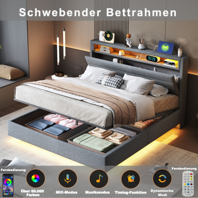 Hauss Spole - Lit coffre 160x200 cm, lit double adulte rembourré, led, 3USB+1Typ c, tête de lit avec rangement, sans matelas, lin, gris