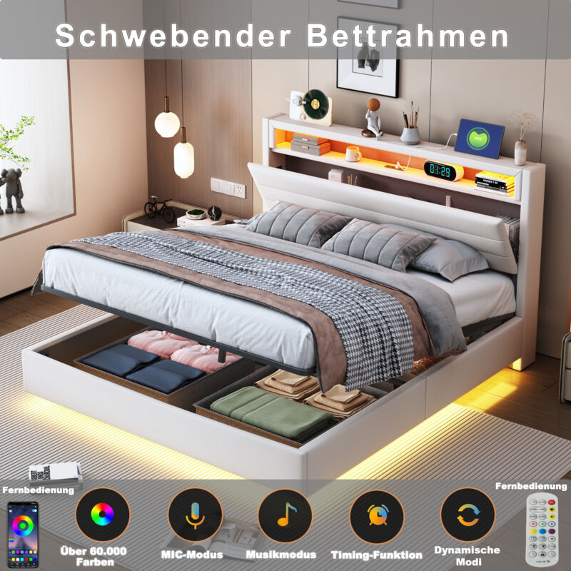 Hauss Spole - Lit coffre 160x200 cm, lit double adulte rembourré, led, 3USB+1Typ c, tête de lit avec rangement, sans matelas, lin, beige