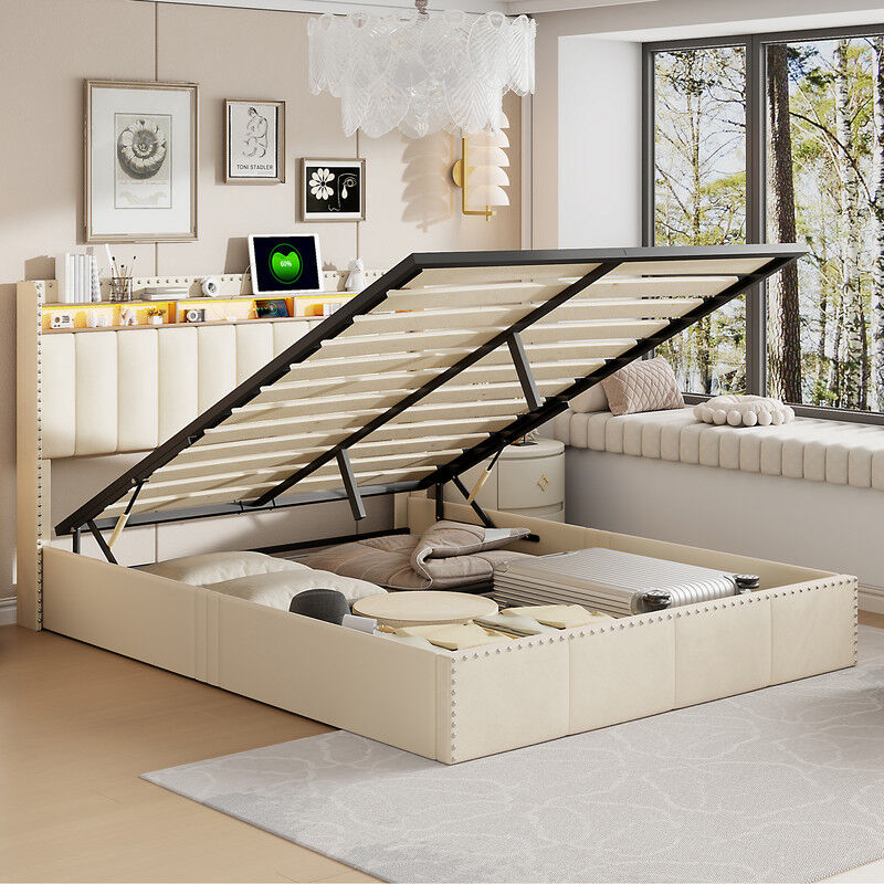 Blanketswarm - Lit coffre 160x200 cm, lit double avec éclairage led, lit adulte avec port USB,tête de lit de rangement,cadre de lit avec sommier à