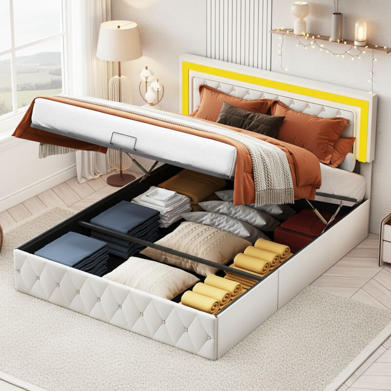 Lit coffre 160x200 cm, lit double avec rangement, avec tête de lit éclairée par LED décorée de diamants, sommier à lattes, design, Beige