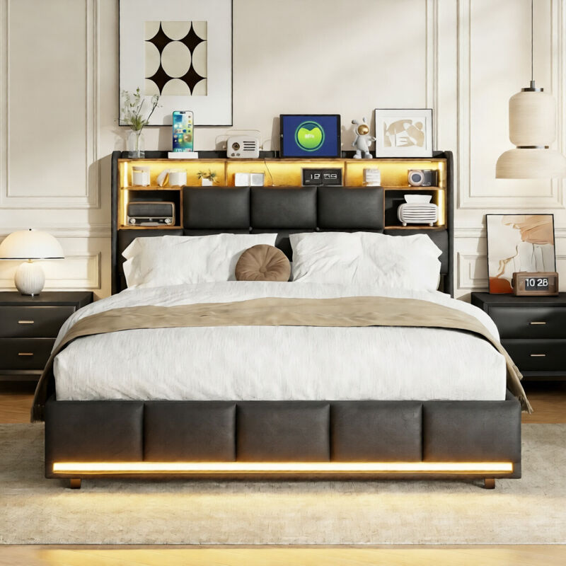 Lit coffre 160x200 cm, Lit double avec tête de lit LED et USB Intégrée, Cadre de lit 160x200 cm avec sommier et rangement, PU, Noir
