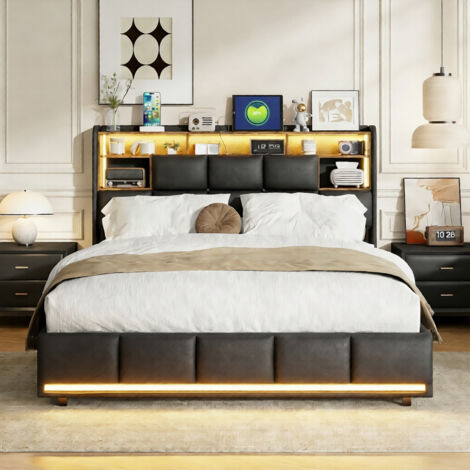 Lit coffre 160x200 cm, Lit double avec tête de lit LED et USB Intégrée, Cadre de lit 160x200 cm avec sommier et rangement, PU, Noir
