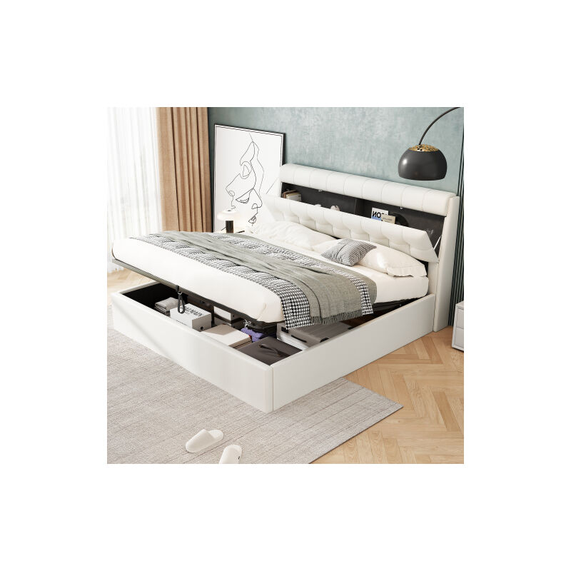 Lit coffre 160x200 cm, lit double capitonné, tête de lit avec rangement caché, avec sommier à lattes, similicuir, blanc, sans matelas