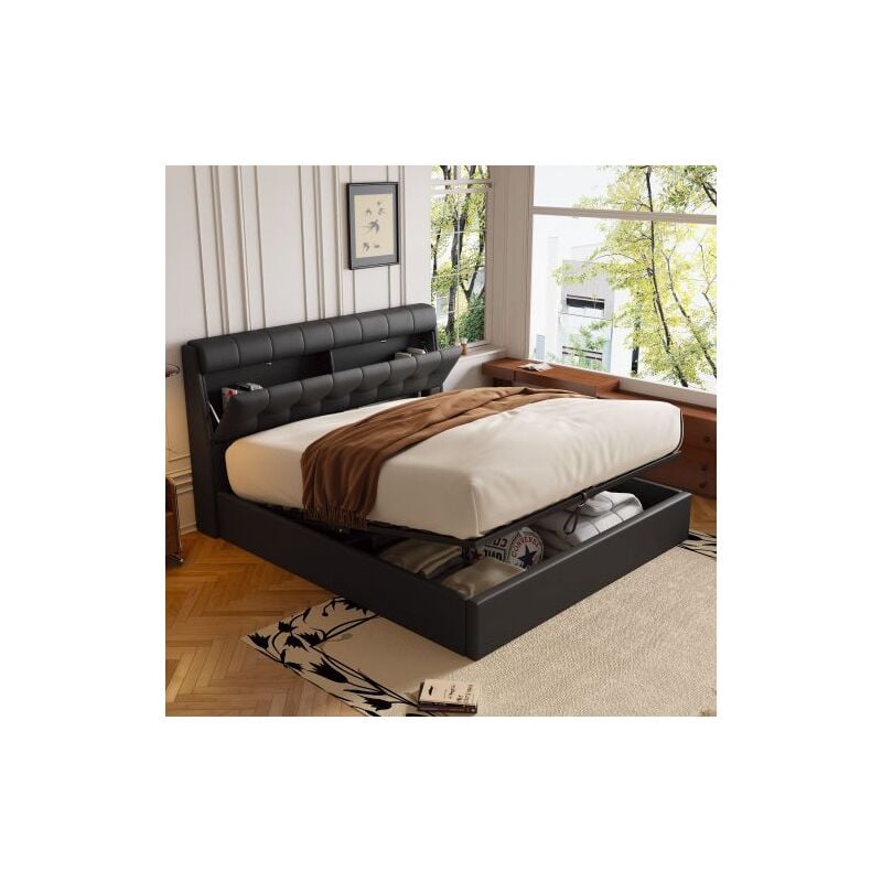 Lit coffre 140x190 cm, lit double capitonné, tête de lit avec rangement caché, avec sommier à lattes, similicuir, noir, sans matelas