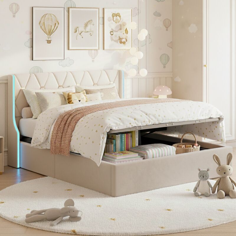 Eifson – Lit coffre 160x200 cm – Rangement sous le lit – Éclairage LED doux – Base à lattes stable – Tissu velours beige – Capacité 250 kg