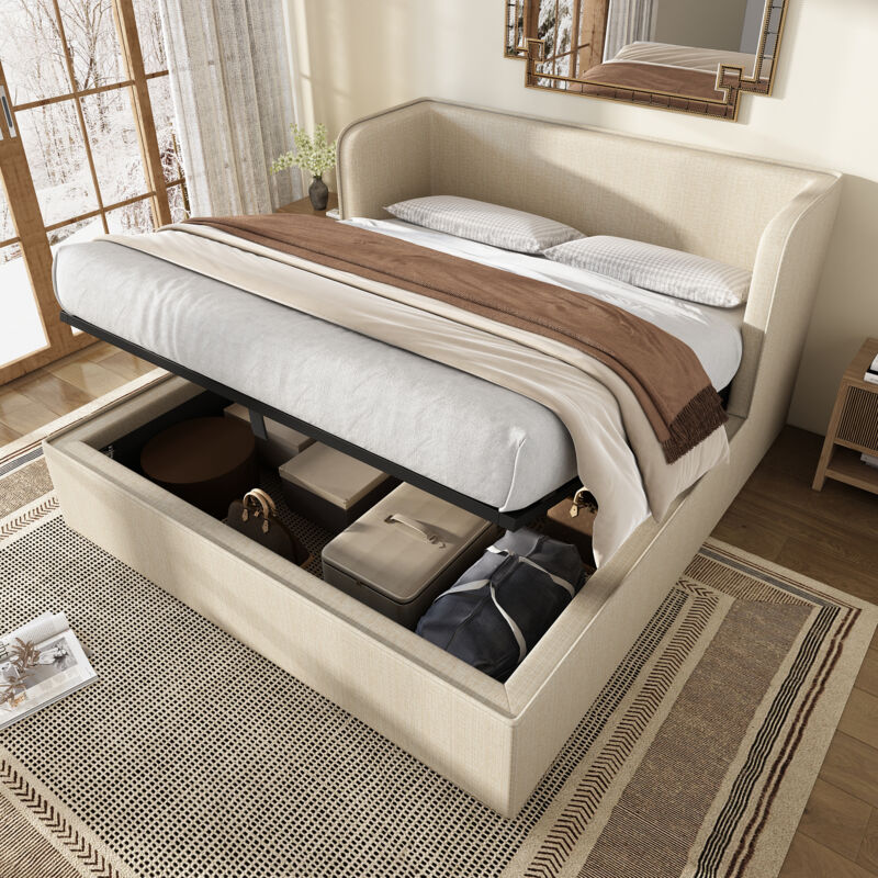 Lit coffre 180x200 cm, lit double rembourré avec sommier à lattes et rangement hydraulique, lin, beige, sans matelas, sans fond