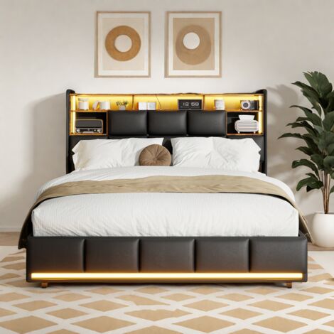 Lit Coffre 160x200 cm, Lit Hydraulique 2 Personnes 160x200 cm avec ports LED et USB, Lit avec Rangement PU, sans Matelas