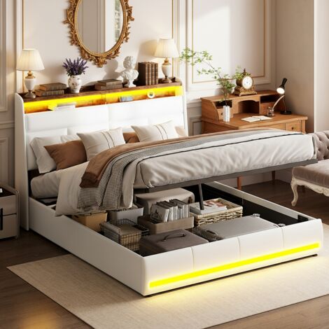 Lit coffre 160x200 cm - Lit rembourré avec vérins hydrauliques - Éclairage LED contrôlé par application - Cadre de lit en métal - PU Matériel - Beige