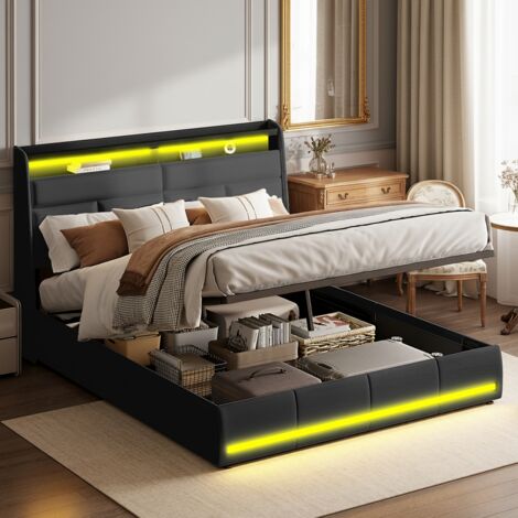Lit coffre 160x200 cm - Lit rembourré avec vérins hydrauliques - Éclairage LED contrôlé par application - Cadre de lit en métal - PU Matériel - Noir
