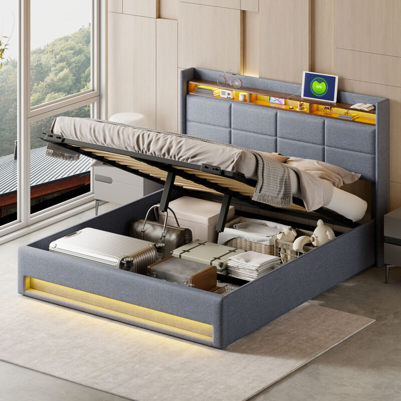 Lit coffre 160x200 cm, Lit rembourré double avec led et usb, compartiment de rangement de chevet, sommier à lattes, lin, gris
