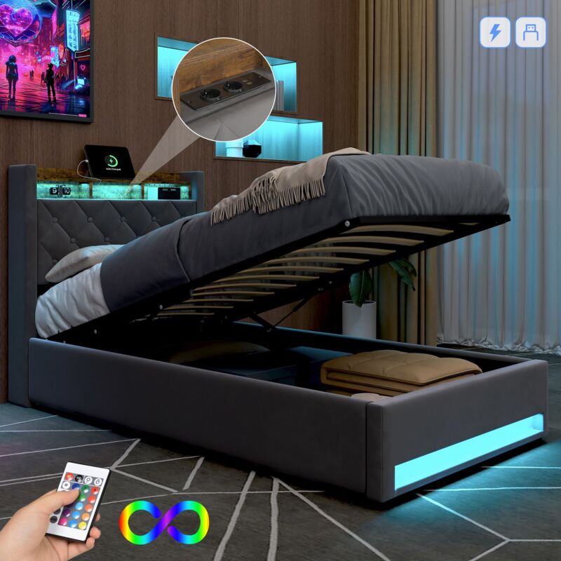 Lit coffre 90x190 cm, lit simple capitonné avec prise USB, éclairage LED et cadre en acier, tissu en velours néerlandais, Sans matelas