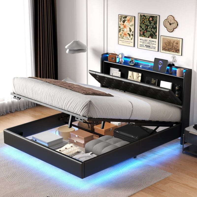 Eifson - Lit coffre 160x200 cm, lit suspendu, avec éclairage led, fonction de charge usb, rangement de chevet, pu, ​​sommier à lattes, convient aux