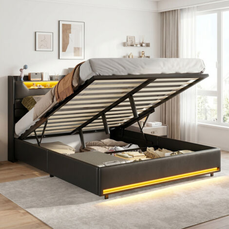 Lit coffre 160x200 cm, rangement hydraulique, cadre métallique noir, tête de lit et pied de lit avec éclairage LED, simili cuir, sommier à lattes