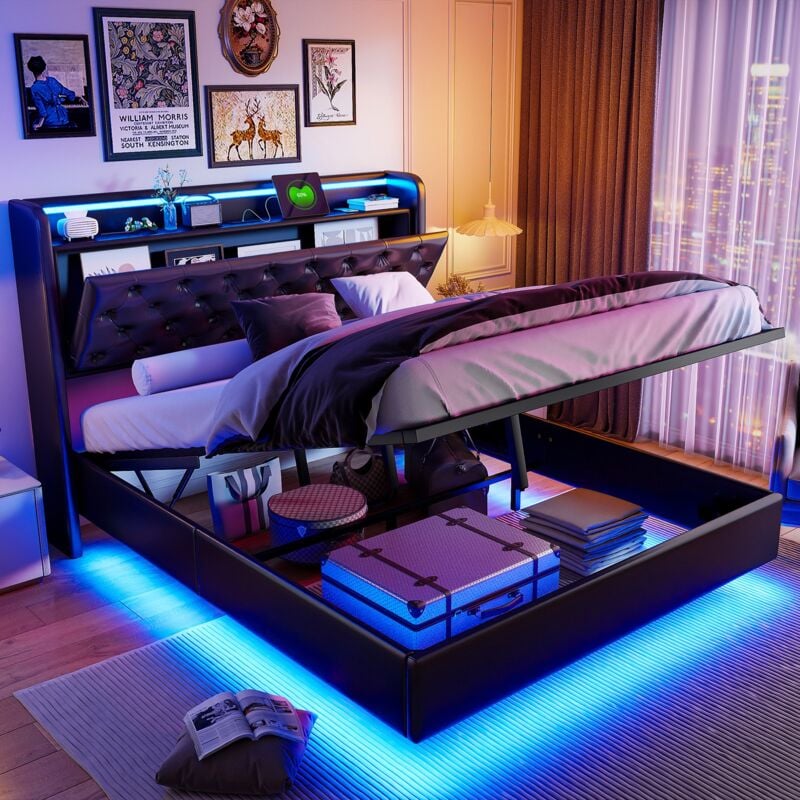 Lit coffre 160x200 cm, rangements multi-compartiments, double port usb, bande lumineuse led commutable, sommier à lattes en bois massif, lit double
