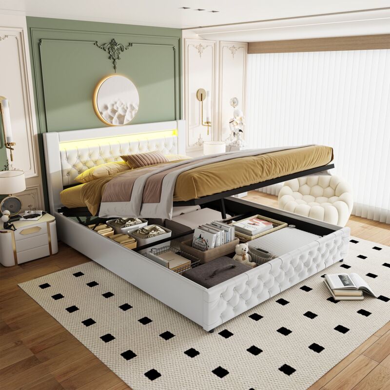 Lit coffre 160x200 cm - simili cuir, tête de lit losange, lit double avec éclairage led, sommier en métal, sommier à lattes, lit adulte de style