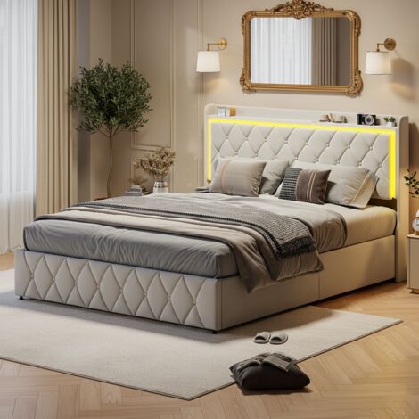 Lit coffre 160x200 cm - Sommier à lattes - Lit double hydraulique - Tête de lit capitonnée - Lampe de chevet LED - chargement USB Type-C - Beige