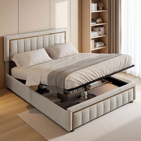 Lit coffre 160x200 cm - TANANT - Velours beige - Tête de lit rembourrée - 2 places - Rangement intégré