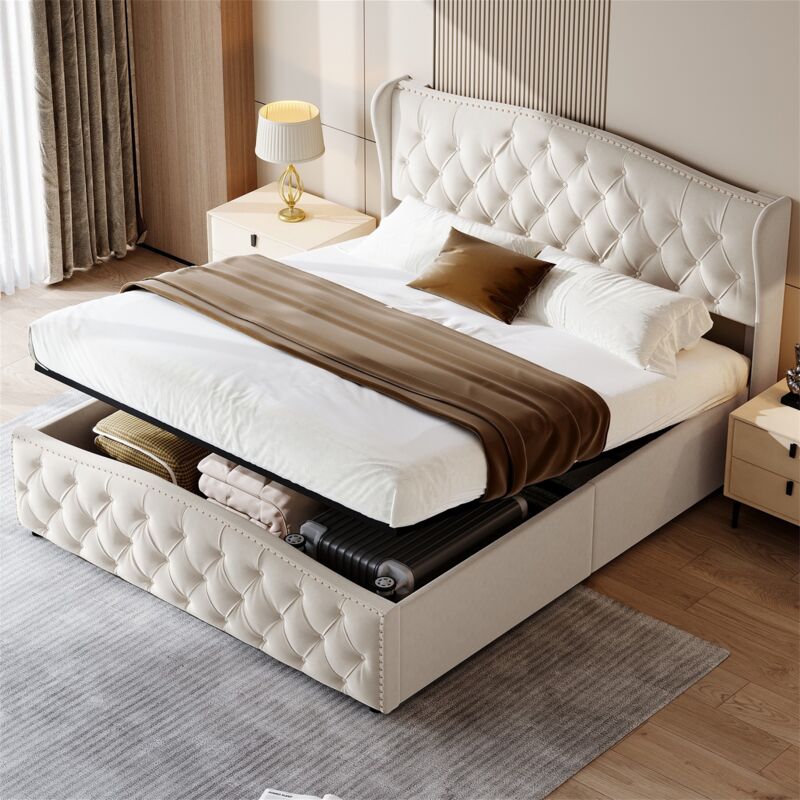 Lit coffre 140x200 cm, tête de lit ondulée avec garniture rivetée, rangement hydraulique, flanelle, sommier à lattes, adapté aux adultes et