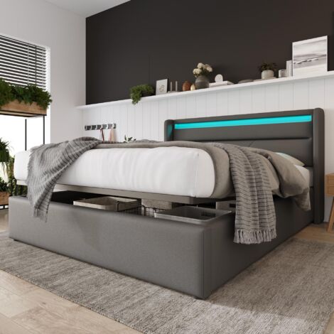 Lit coffre 160x200 cm, tissu similicuir, avec éclairage LED, rangement pour hydraulique, sommier à lattes, lit double capitonné - gris
