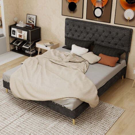Lit coffre 160x200 cm velours hollandais tête rembourrée tissu et métal construction solide gris (Sans matelas)