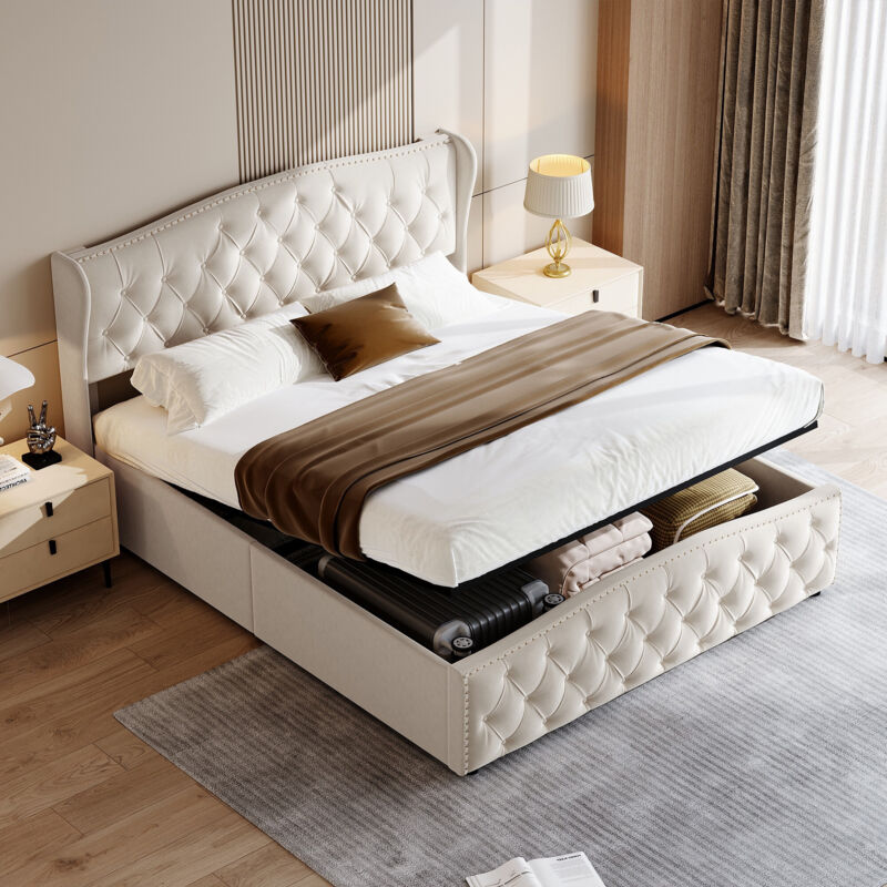 Lit coffre 160x200 cm, velours, sommier à lattes en bois massif, décor riveté, style minimaliste moderne, lit double rembourré - Beige