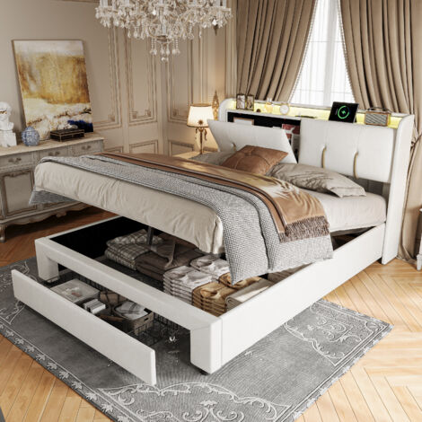 Lit coffre 160x200 cm,lit 2 Personnes 160 x 200 cm avec tiroir de rangement, chargement USB et Type C,Lit double avec tête de lit éclairée par LED,Cadre de lit avec sommier à lattes, Lit adulte, Beige