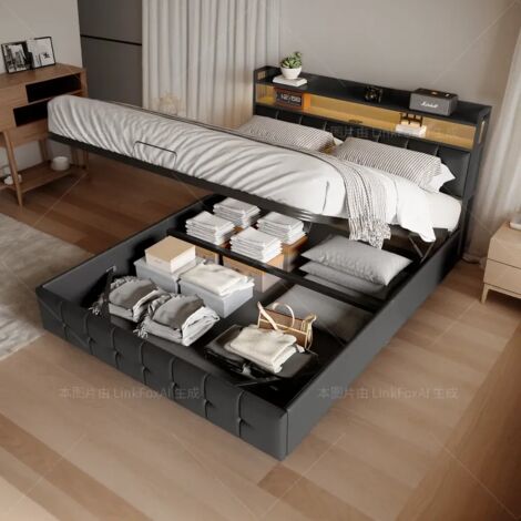 Lit coffre 160x200 cm,lit 2 Personnes avec rangement,éclairage LED,chargement USB et Type C,cadre de lit avec sommier à lattes,lit en métal,noir