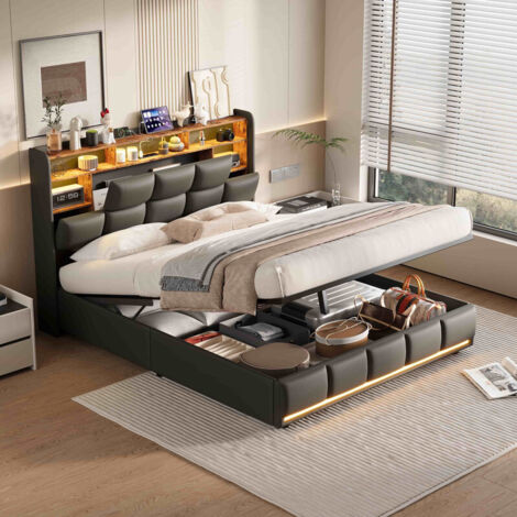 Lit coffre 160x200 cm,Lit capitonné avec LED et Ports USB,avec tête de lit rangement rabattable,Lits 2 Personnes Sommier à Lattes,pour Adultes et Adolescents,PU noir