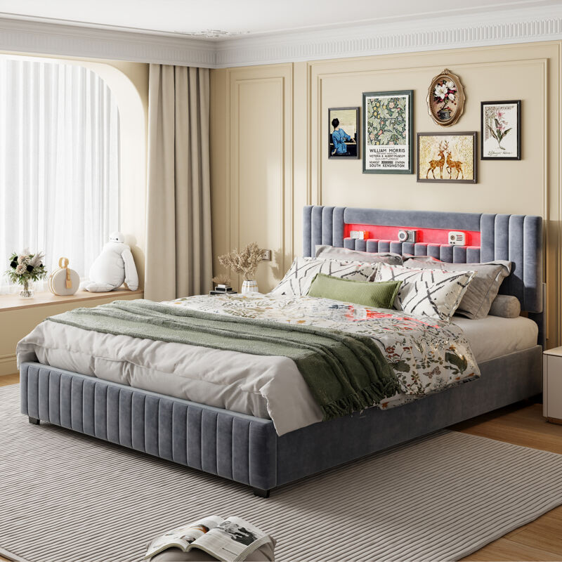 Sureh - Lit coffre 140x200 cm,lit capitonné velours, lit adulte avec éclairages led, hydraulique de rangement,sommier à lattes, sans matelas - Gris