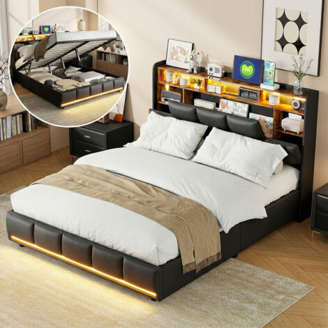 Lit coffre 160x200 en PU noir, tête de lit avec rangement, LED et USB Type-C, rangement hydraulique, cadre en métal noir, sommier à lattes