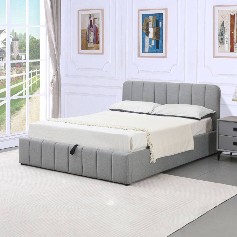M&S – Lit coffre 160x200 cm en tissu gris – Tête de lit incluse – Sommier à lattes en bois de peuplier – Rangement intégré