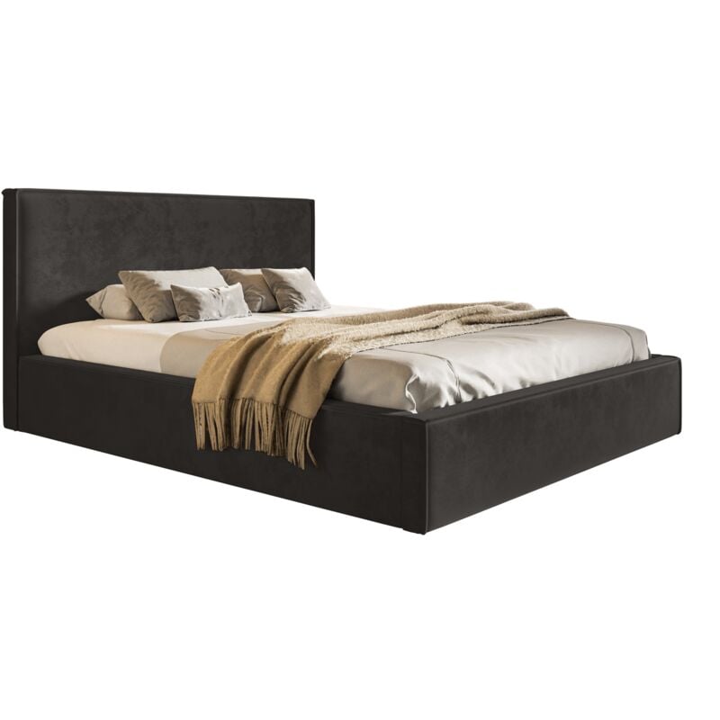 Lit coffre 180x200 Kyoto avec Rangement - Lit Rembourré avec tissu velvet, Sommier à Lattes - Noir (Amor Velvet 4322)