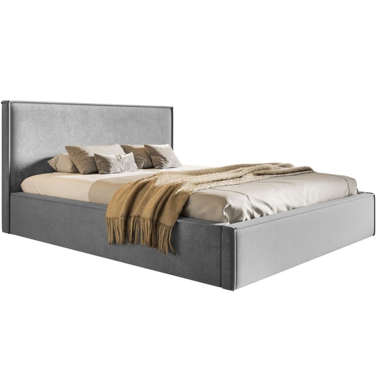 Lit coffre 160x200 Kyoto avec Rangement - Lit Rembourré avec tissu velvet, Sommier à Lattes - Gris clair (Amor Velvet 4318)