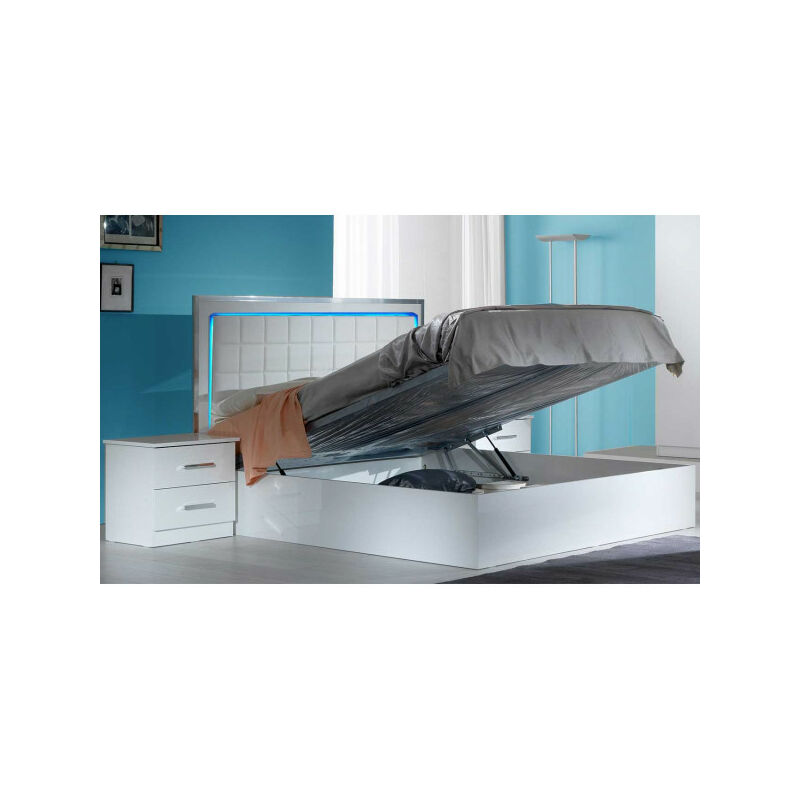 TMM - Lit coffre 160x200 Laqué Blanc Brillant à LEDs - arezzo - l 162 x l 205 x h 124 cm