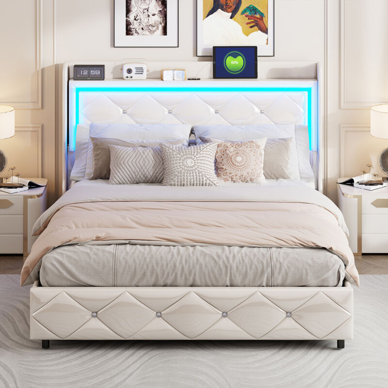 Lit coffre 160x200, lit 160x200 avec avec LED, Cadre de Lit en sommier, tissu en pu, blanc