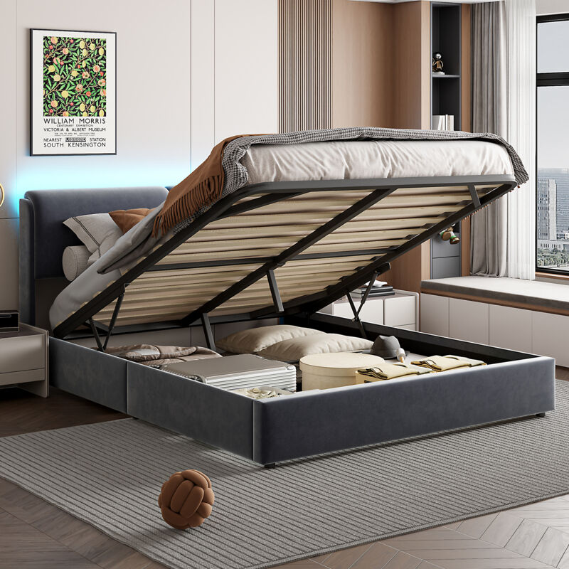 Lit coffre 140x200, lit 140x200 avec sommier, lit adulte avec dossier moelleux, led réglable,tissu en velours, gris foncé