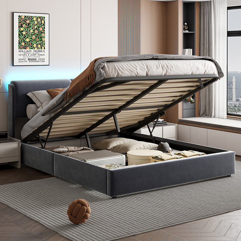 Lit coffre 160x200, lit 160x200 avec sommier, lit double avec LED,lit adulte avec dossier moelleux,tissu en velours, gris foncé