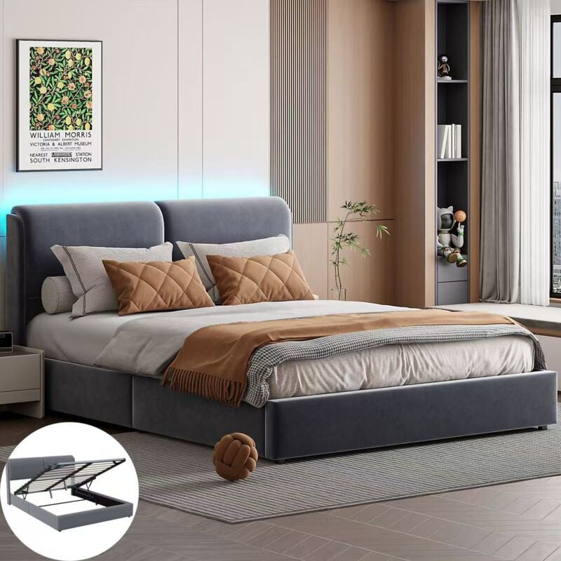 Lit coffre 160x200, lit 160x200 avec sommier, lit double capitonné, lit adulte avec dossier moelleux, LED réglable, velours, gris foncé
