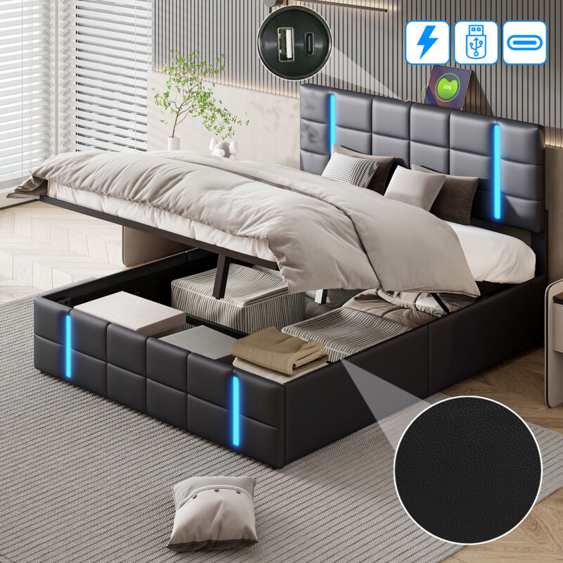 Lit coffre 140x200, lLit 140 x 200 avec sommier, Lit adulte, Lit capitonné, Lit Moderne en Similicuir Noir avec Tête de Lit Lumineuse, USB Intégrés