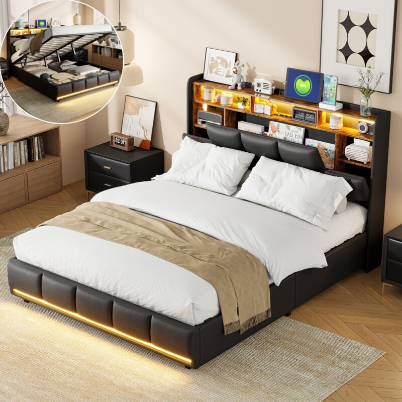 Lit coffre 160x200, lit double avec sommier, rangement chevet, bande lumineuse led, port de charge USB,PU,noir