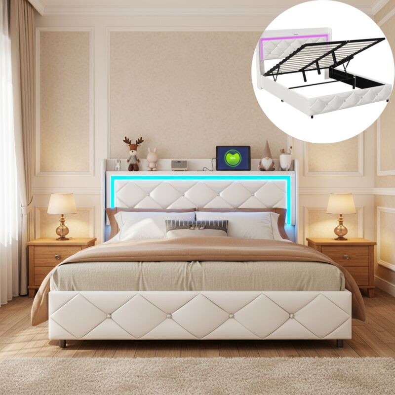 Lit coffre 160x200, lit double capitonné - avec éclairage LED et ports USB - sommier à lattes, relevage hydraulique - designer - Blanc
