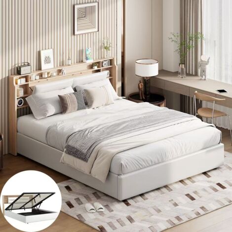 Lit coffre 160x200, lit double capitonné avec sommier,lit adulte et lit ado,tête de lit en bois avec rangemen,LED réglable,lit hydraulique avec tissu anti-poussière,PU,blanc