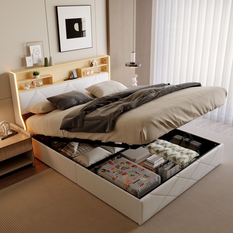 Lit coffre 160x200, lit double, lit adulte, lit capitonné, LED réglable, USB+Type-c, PU, blanc