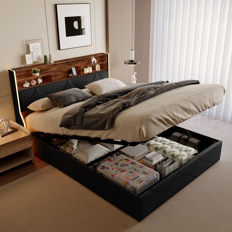 Lit coffre 160x200, lit double, lit adulte, lit capitonné, LED réglable, USB+Type-c, PU, noir