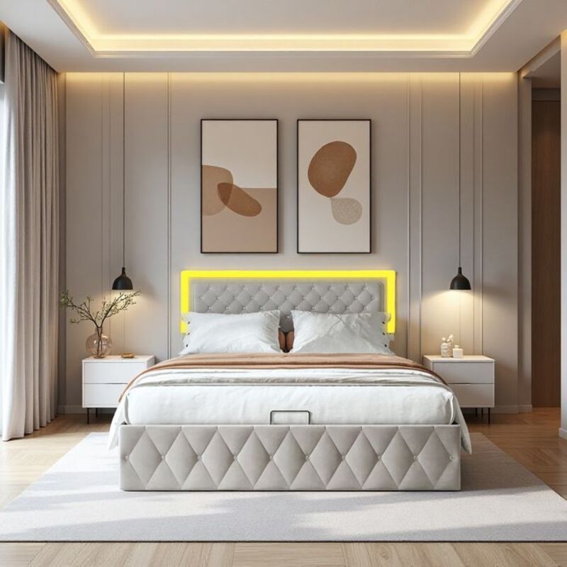 Lit coffre 160x200 - Mécanisme silencieux - Velours beige - Éclairage LED RGB - Grand rangement