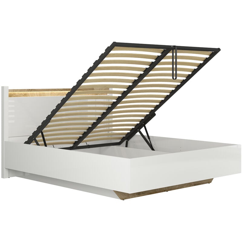 Petits-meubles - Lit coffre 160x200 sommier inclus avec led Helios Blanc laqué et Bois