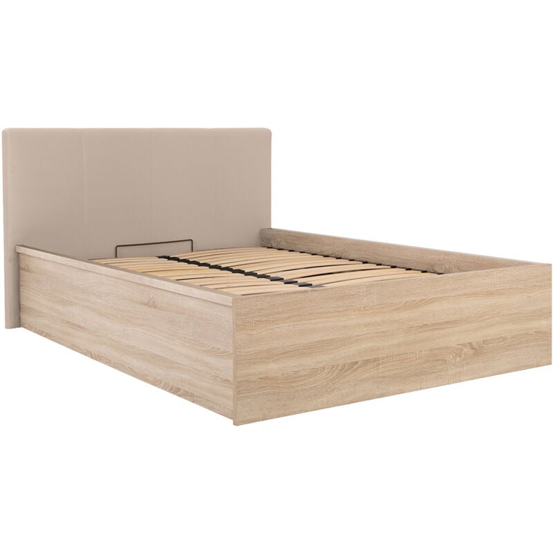 Petits-meubles - Lit coffre 160x200 tête de lit rembourrée sommier inclus Edwin Bois Clair et Beige