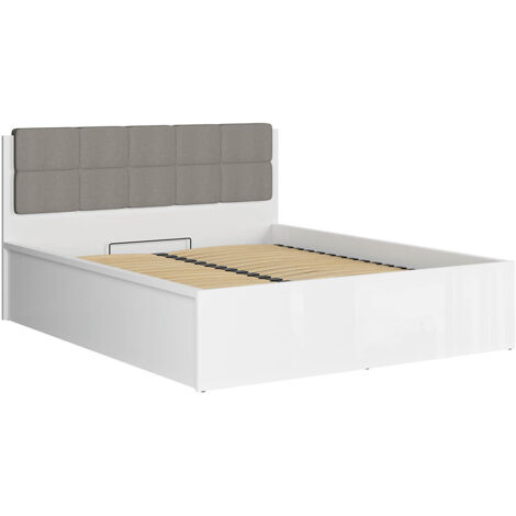 Lit coffre 160x200 tête rembourée grise avec sommier et rangement, coloris Blanc brillant - Longueur 204,5 x Profondeur 169 x Hauteur 95/40,5 cm