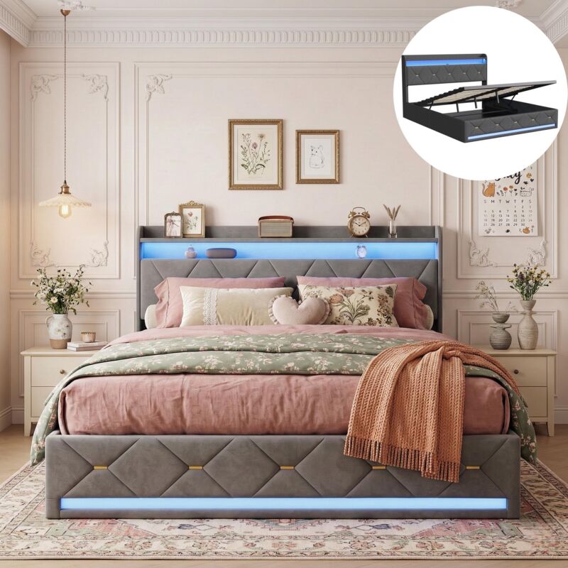 Lit coffre 160x200, tissu lin, Lit double avec rangement, bande LED et ports USB, tête de lit capitonnée, nordique, Gris