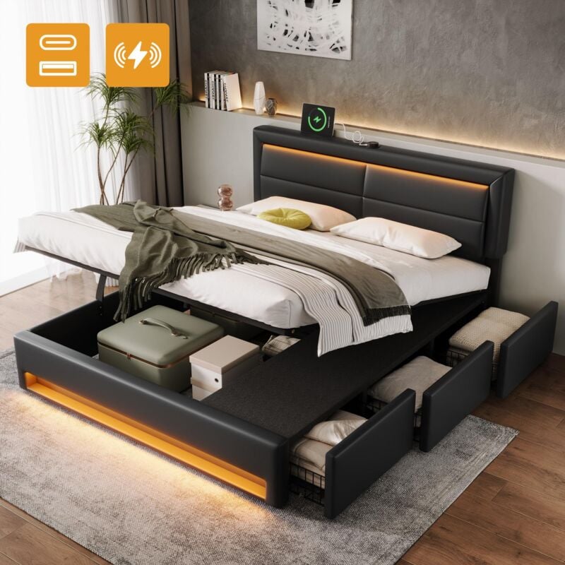 Tanant - Lit coffre 160x200cm avec 3 tiroirs, Lit double avec tête de lit éclairée led avec port usb, rangement hydraulique, sommier à lattes, cadre
